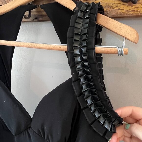 Joseph Ribkoff‎ Black Evening Gown With Faux Leather & Ruffles Sleeveless Halter - Picture 6 of 6